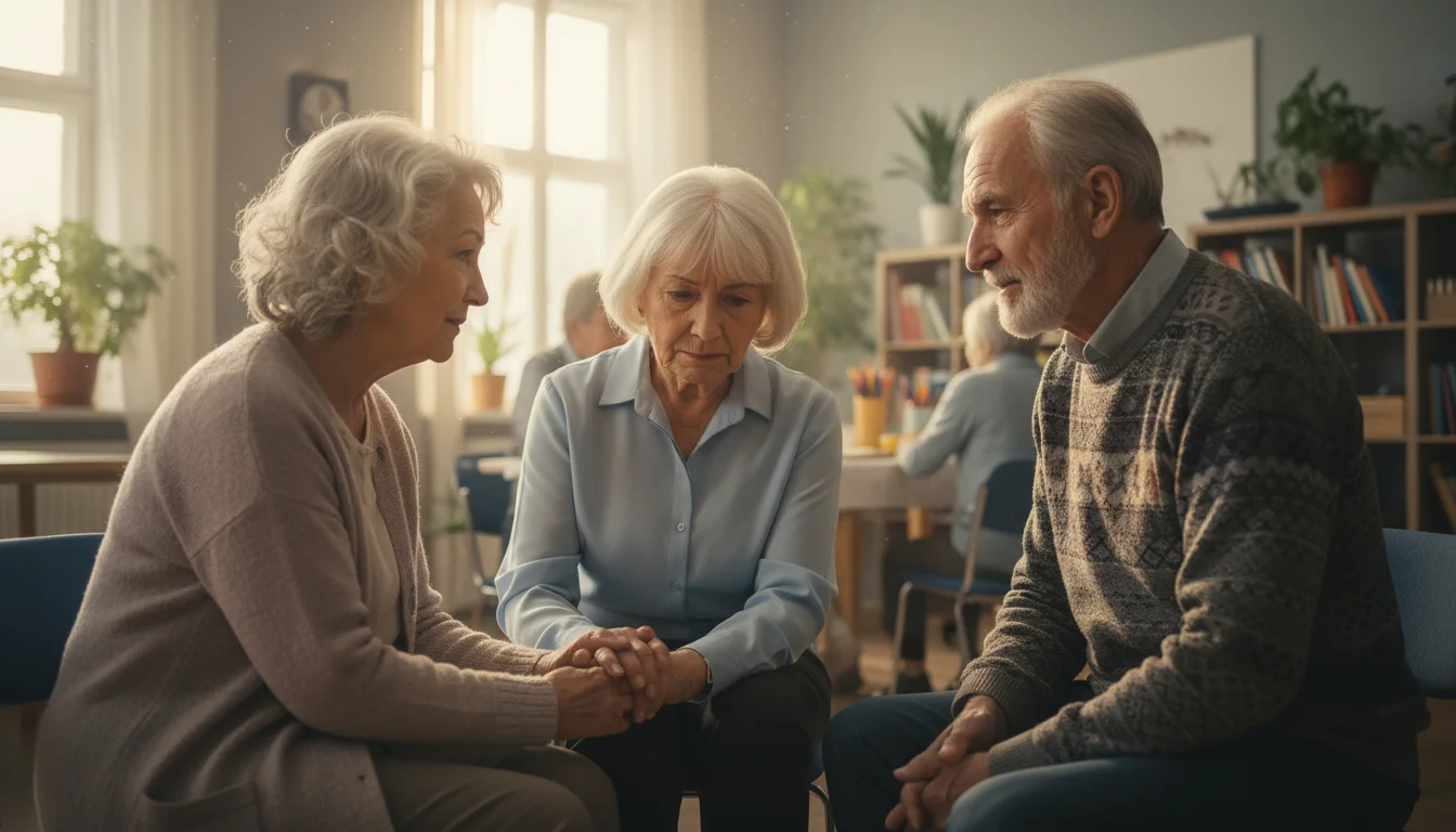 Candid photo of three older adults in a support group. One woman gently holds another's hand, while a man across from them listens with an empathetic