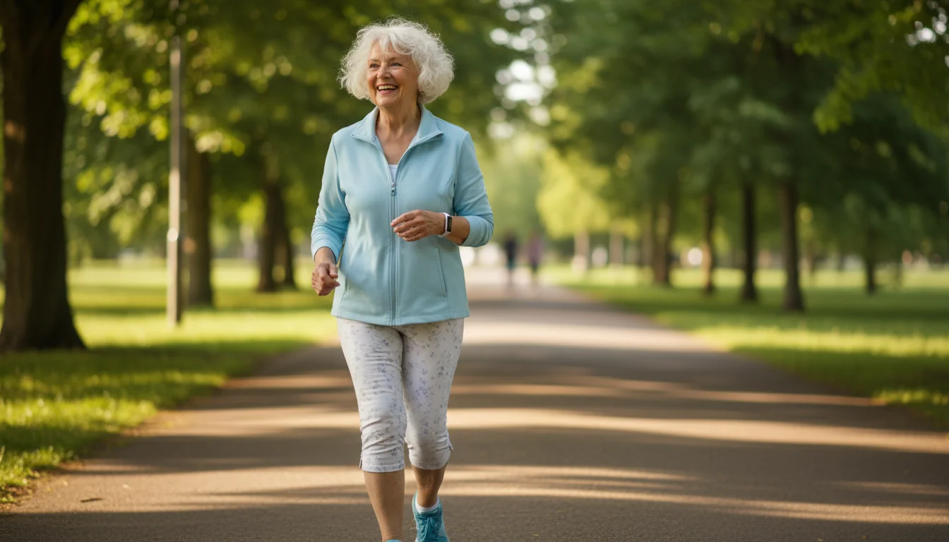 A cheerful older woman briskly walks on a sunny park path, a fitness tracker visible on her wrist.