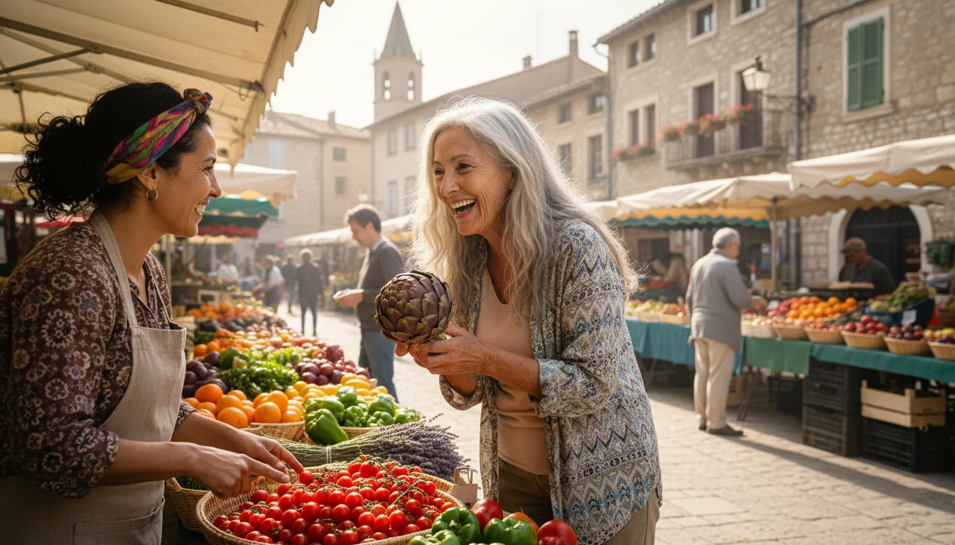 A cheerful older woman holds fruit and smiles while talking to a local vendor at an outdoor market.