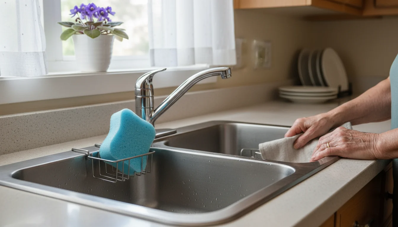 A clean blue sponge resting in a stainless steel holder attached inside a bright kitchen sink, with a hand nearby.