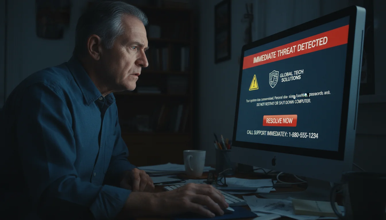 Concerned older man in his late 60s looking at a desktop computer screen displaying a full-screen fake security alert pop-up.