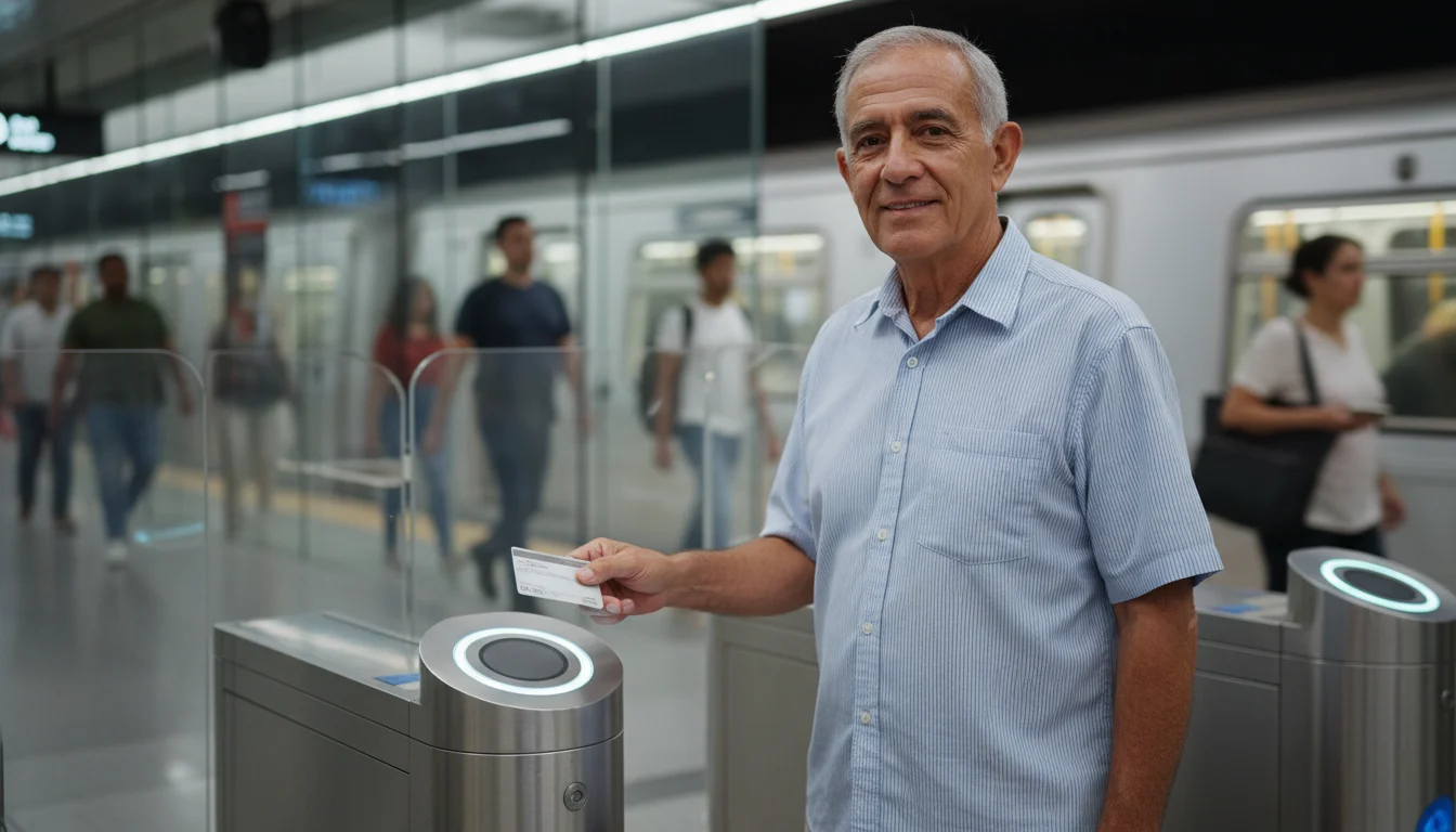 A confident older Hispanic man taps his senior transit pass at a subway turnstile, ready to enter a bright, modern station.
