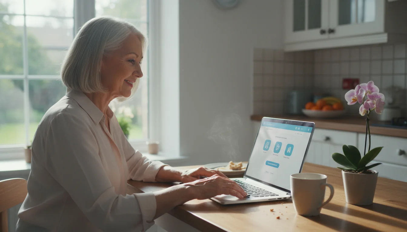 A confident senior woman, early 70s, sits at a kitchen table, smiling softly while using a laptop to manage an online account.