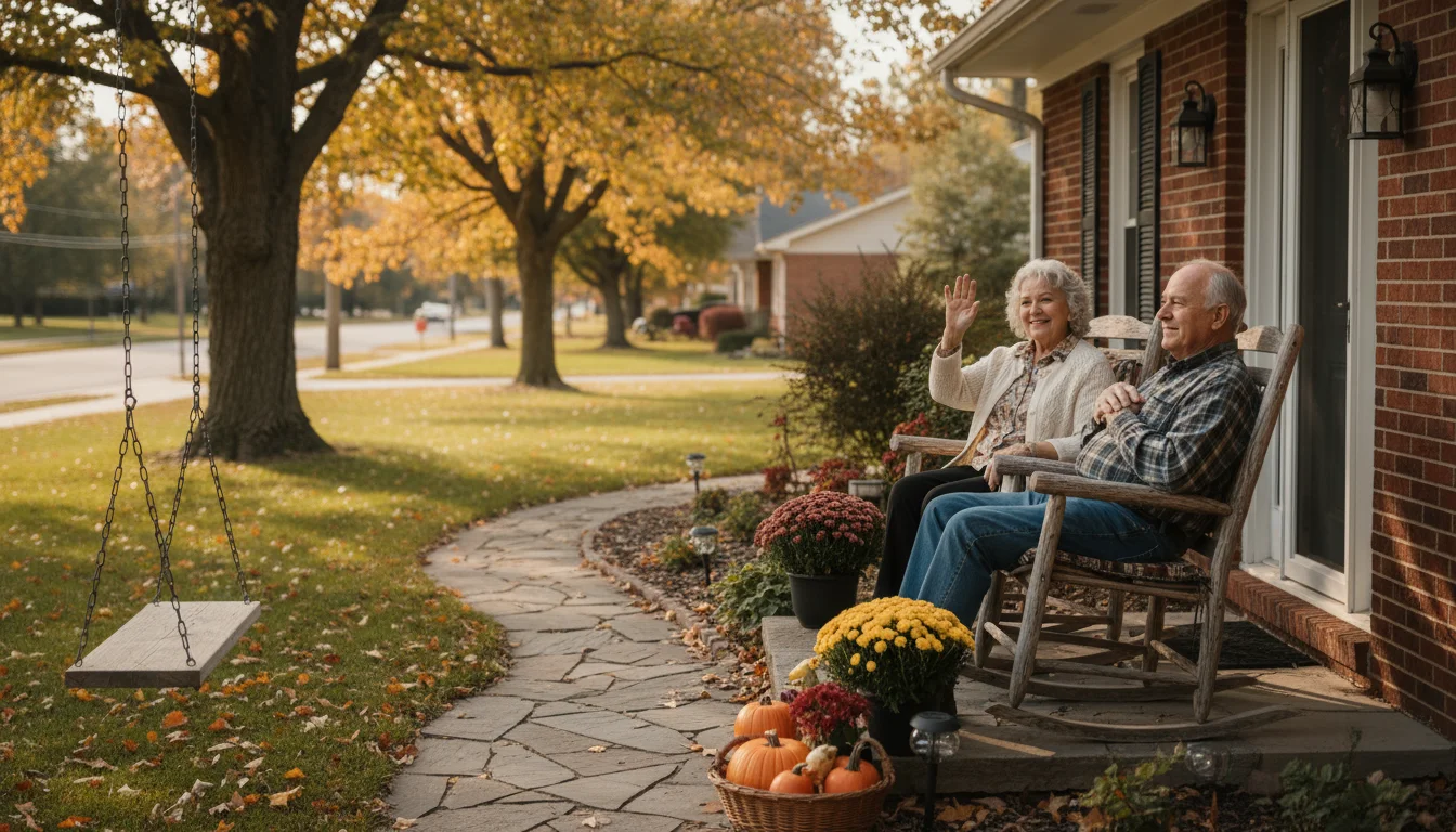 A content senior couple, early 70s, sits on the front porch of their modest home on a sunny autumn afternoon, waving to a neighbor.