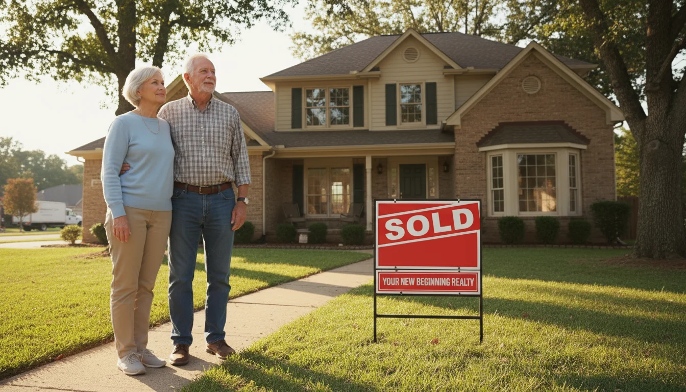 A contented older couple, mid-70s, stands arm-in-arm on the front walk of their sunlit house, looking back at it. A 'SOLD' sign is clearly visible in