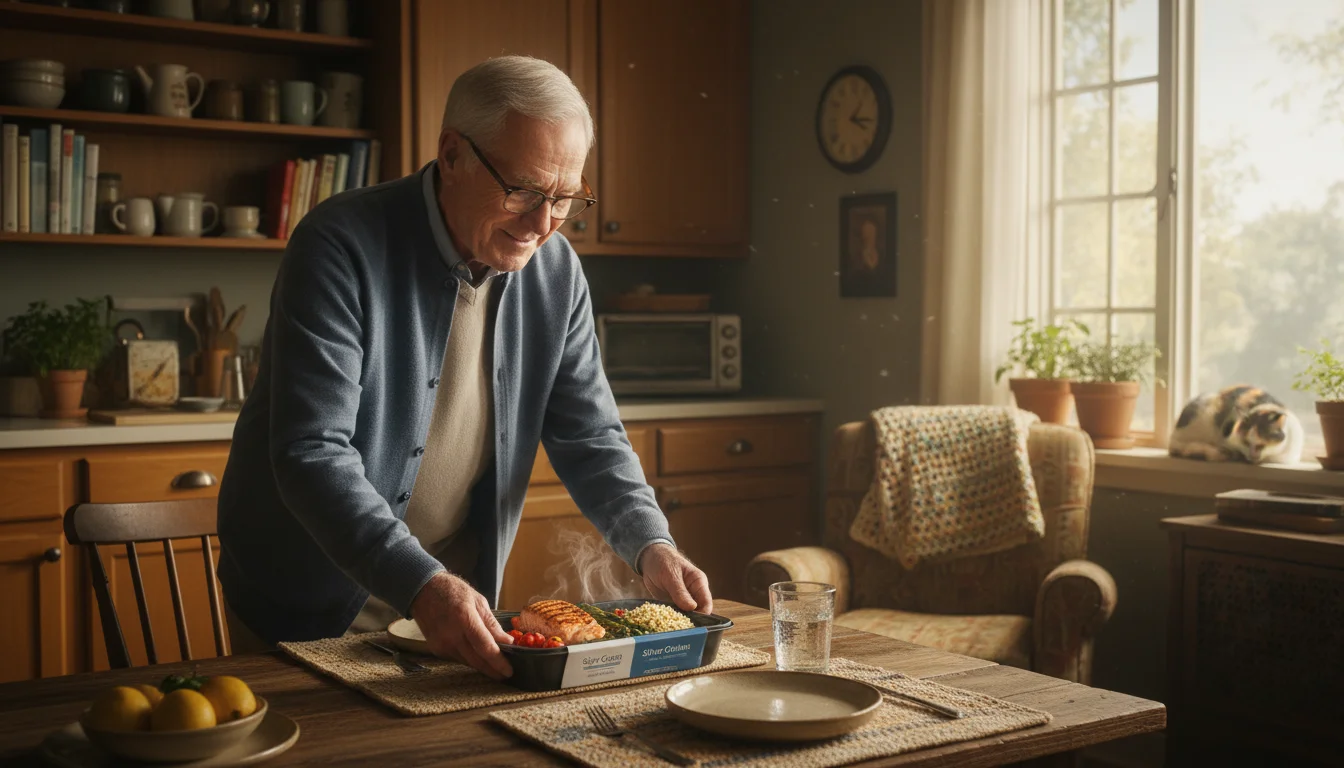 A contented older man in his comfortable kitchen gently places a warmed Silver Cuisine meal onto his dining table.