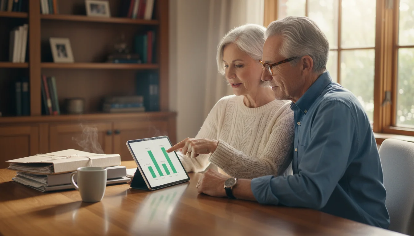 A couple in their late 60s at a desk. Woman points at a tablet displaying financial data. Man in glasses listens, a subtle smile.