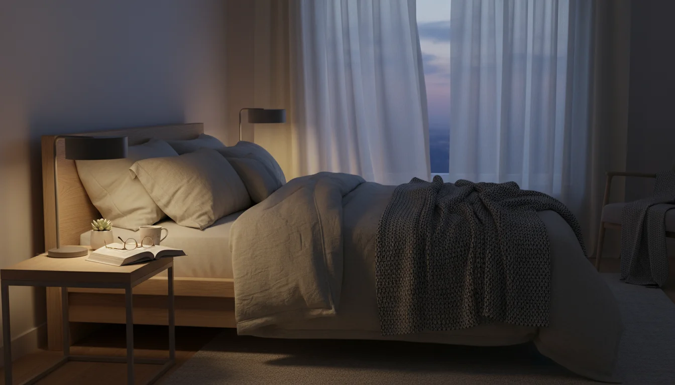 A cozy bedroom at twilight, illuminated by a bedside lamp and window light, showing a neatly made bed and a bedside table with a book and tea.