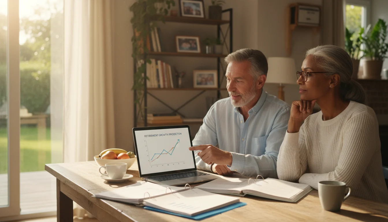 A diverse couple in their late 50s or early 60s, seated at a dining table, reviewing financial papers and a laptop screen together.