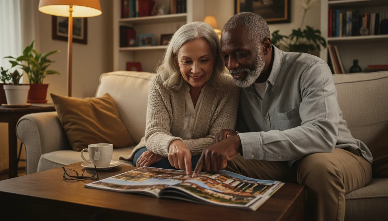 A diverse couple in their late 60s sits on a sofa, leaning in to look at a travel magazine, one pointing at a photo.