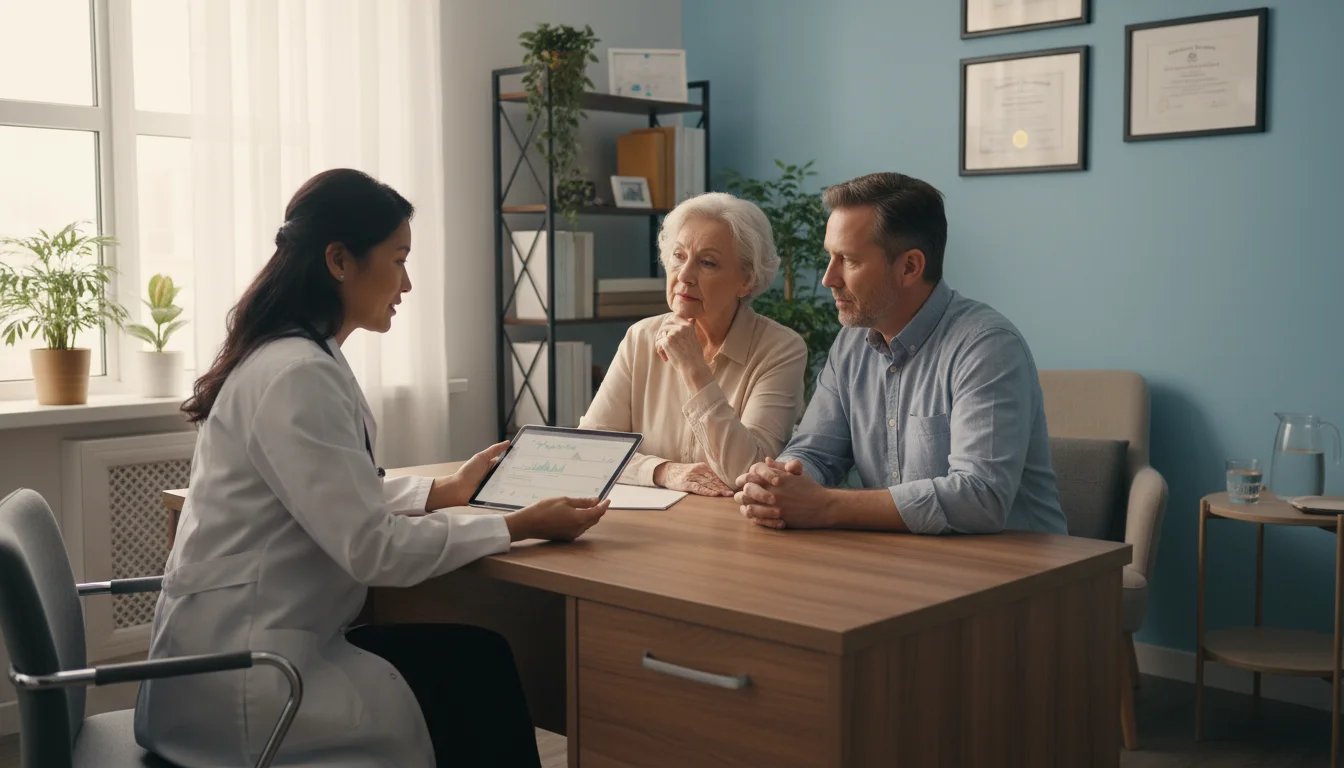 A diverse female doctor talks with an older woman and her adult son in a naturally lit office, discussing health.