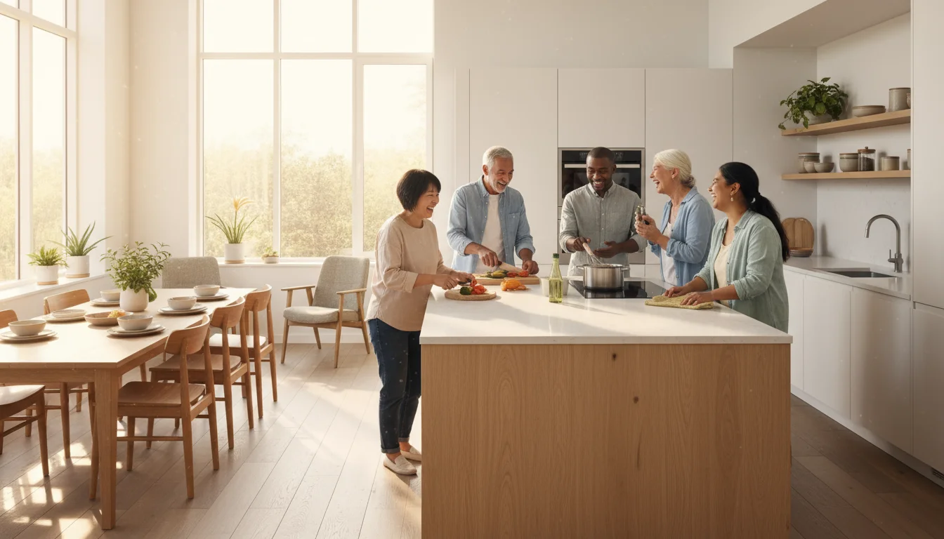 Diverse group of older adults joyfully cooking together in a spacious, sunlit modern communal kitchen of a senior co-living home.