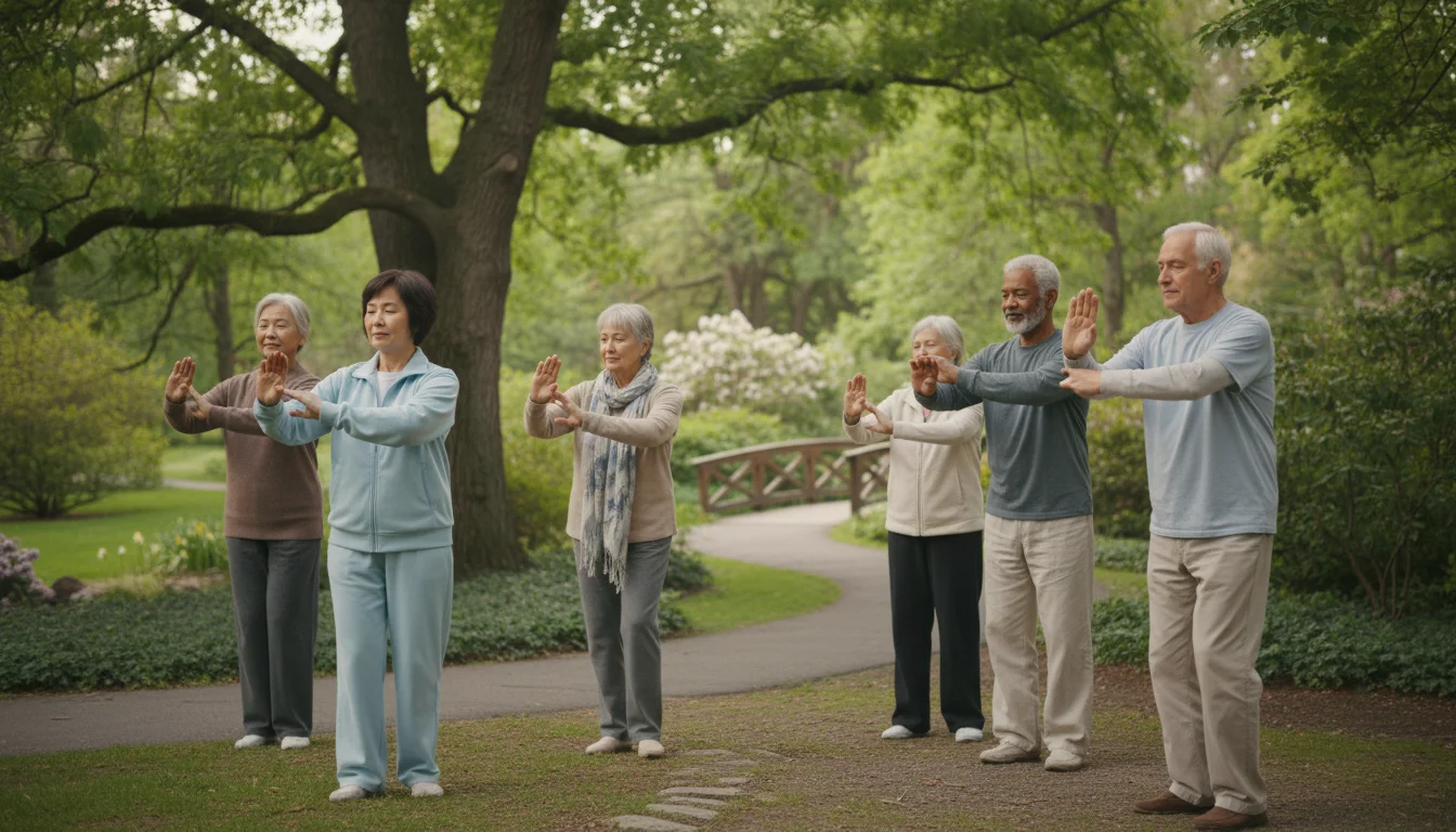 A diverse group of 4-5 older adults performing slow Tai Chi movements in an outdoor park, showing calm and focus.