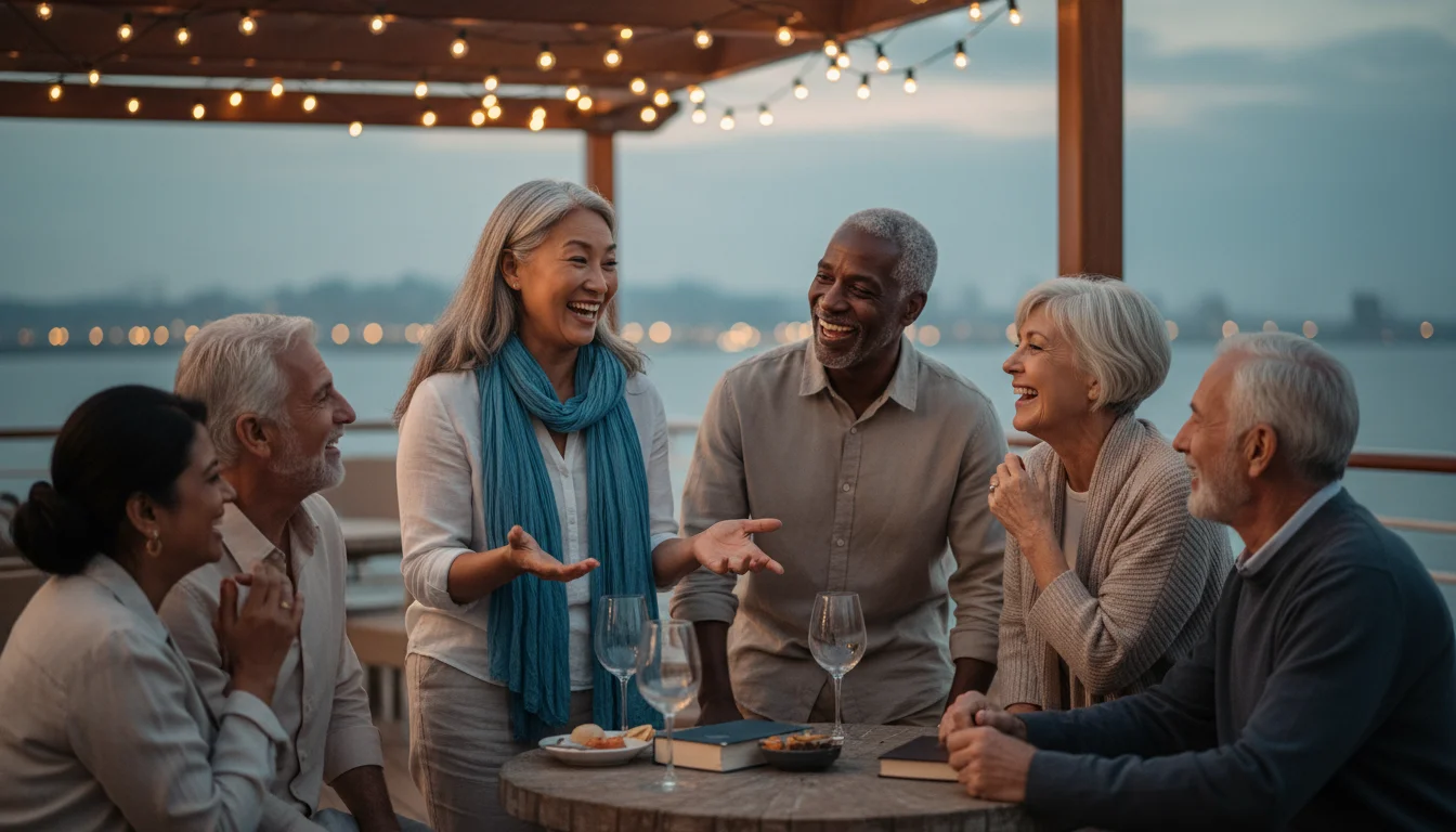A diverse group of 5-6 seniors, including an Asian woman, a Black man, and a White man, talking and laughing on a cruise ship deck at twilight.