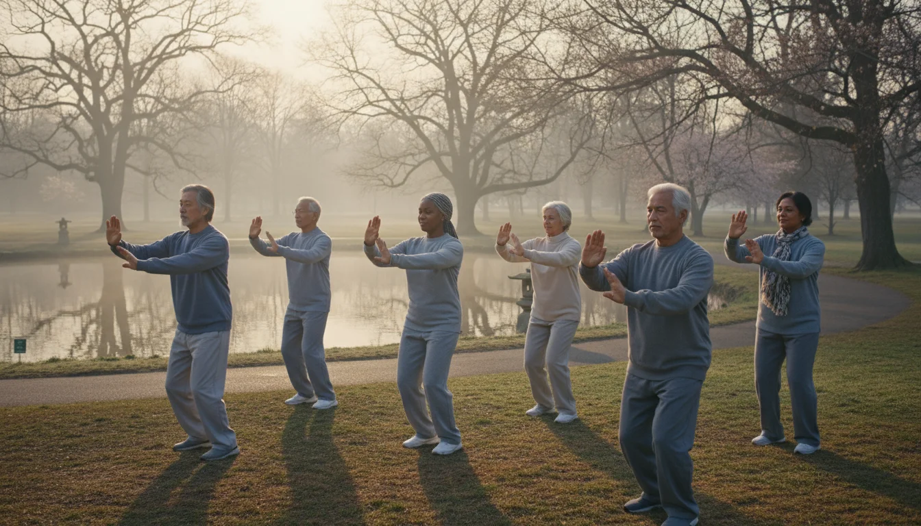 Diverse group of seniors practicing Tai Chi outdoors in a misty park at dawn, arms extended in a graceful, flowing movement.