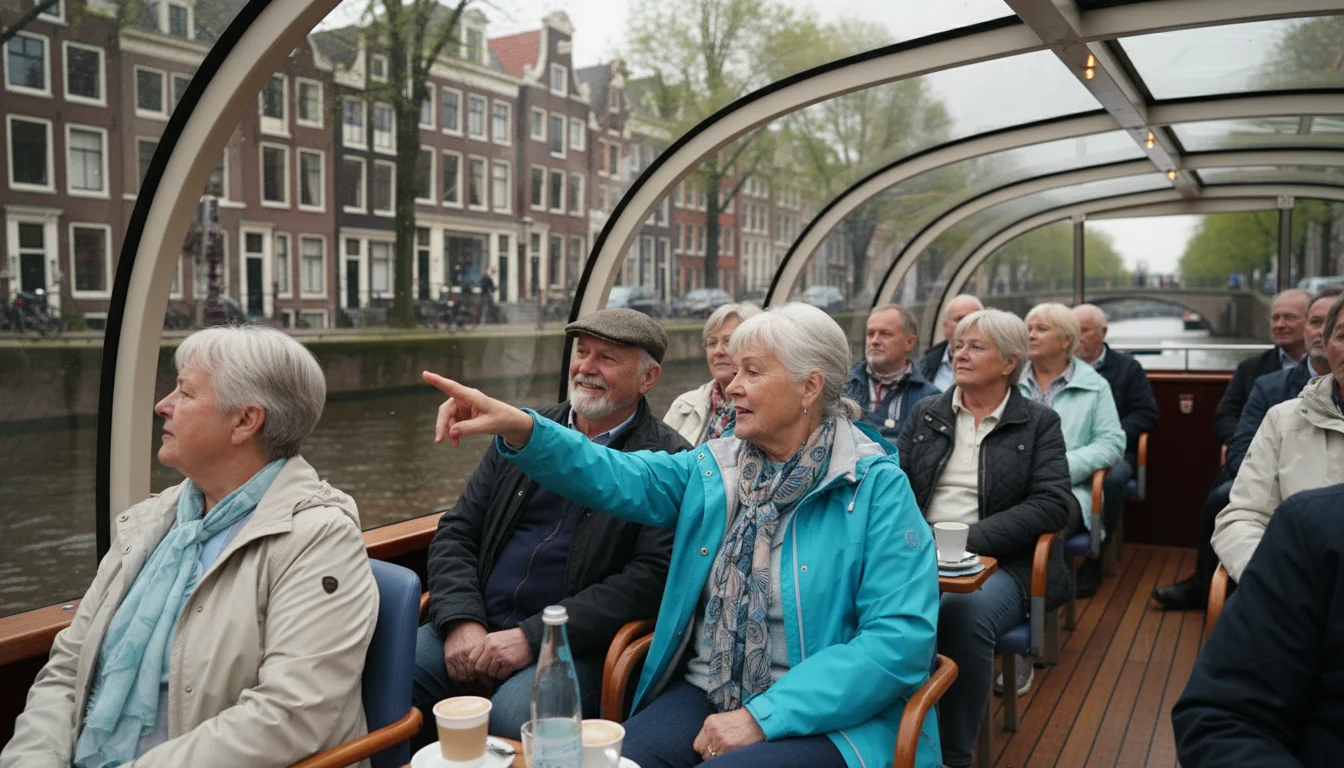Diverse older adults on an Amsterdam canal cruise, observing historic gabled houses and tree-lined banks from inside a boat.