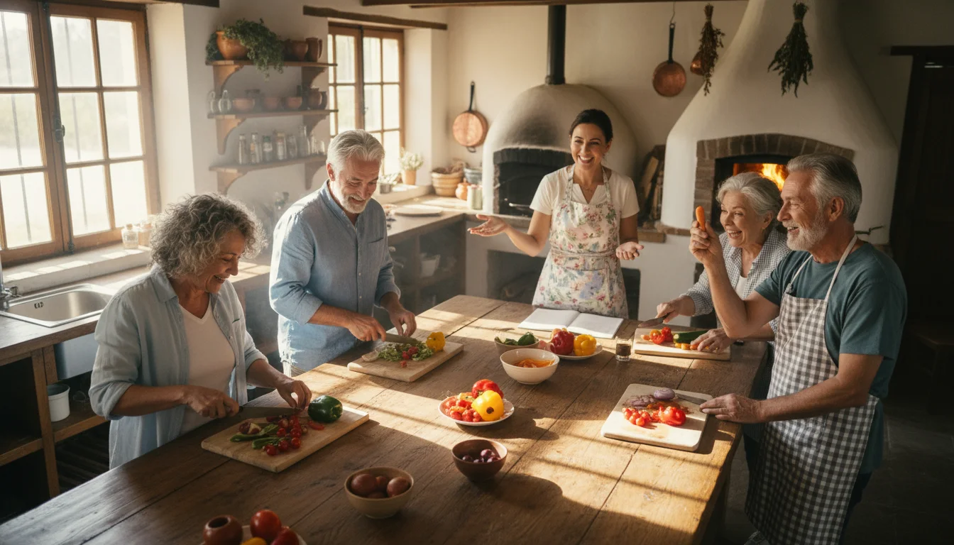 Diverse older adults happily chopping vegetables in a bright cooking class with an instructor.