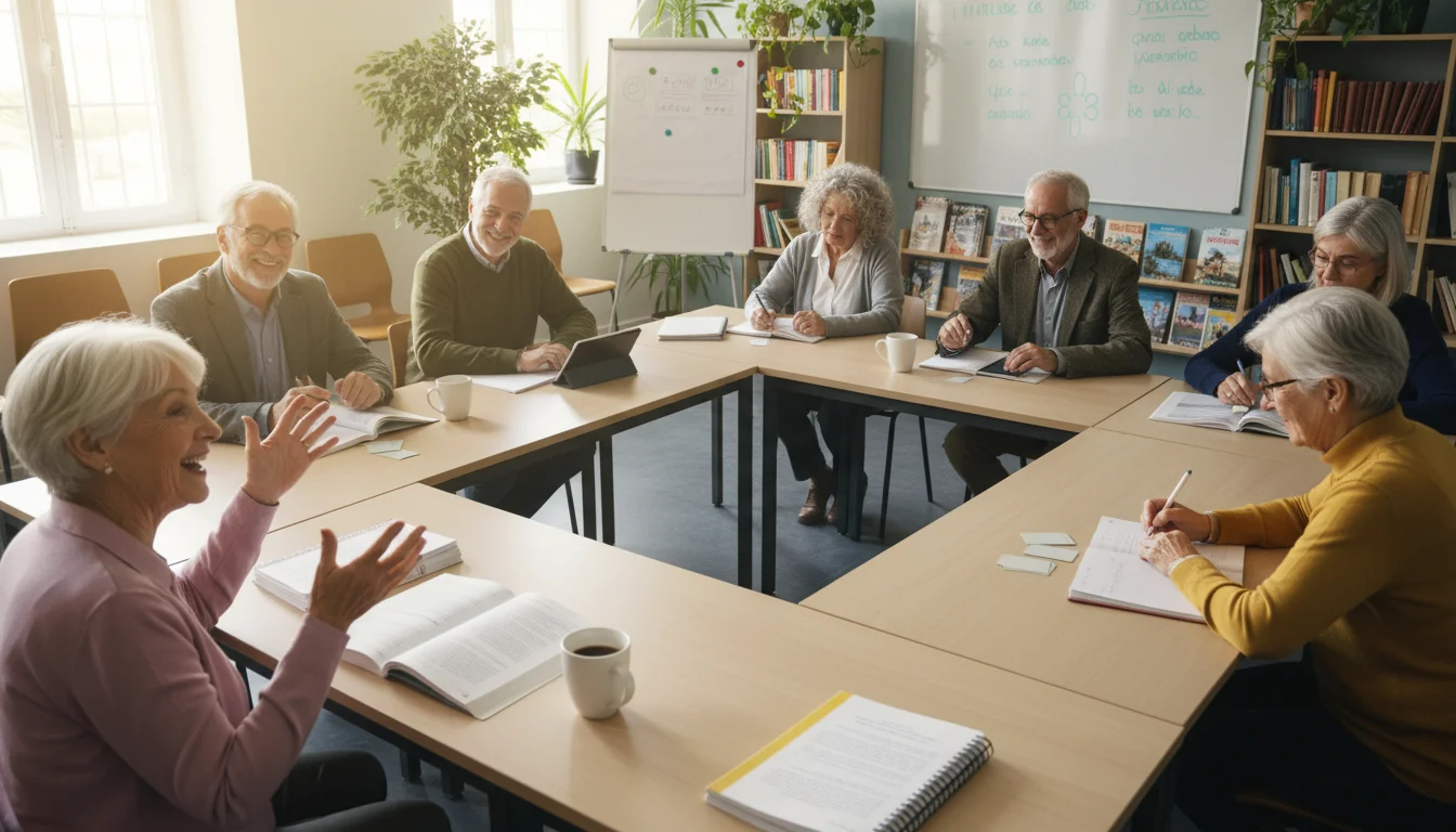 Diverse older adults (60s-80s) joyfully engaged in a community college Spanish class, conversing and listening around a U-shaped table.