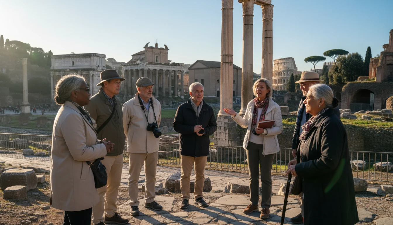 Diverse older adults listen to a guide in the ancient Roman Forum, focused on historical ruins and an arched walkway.