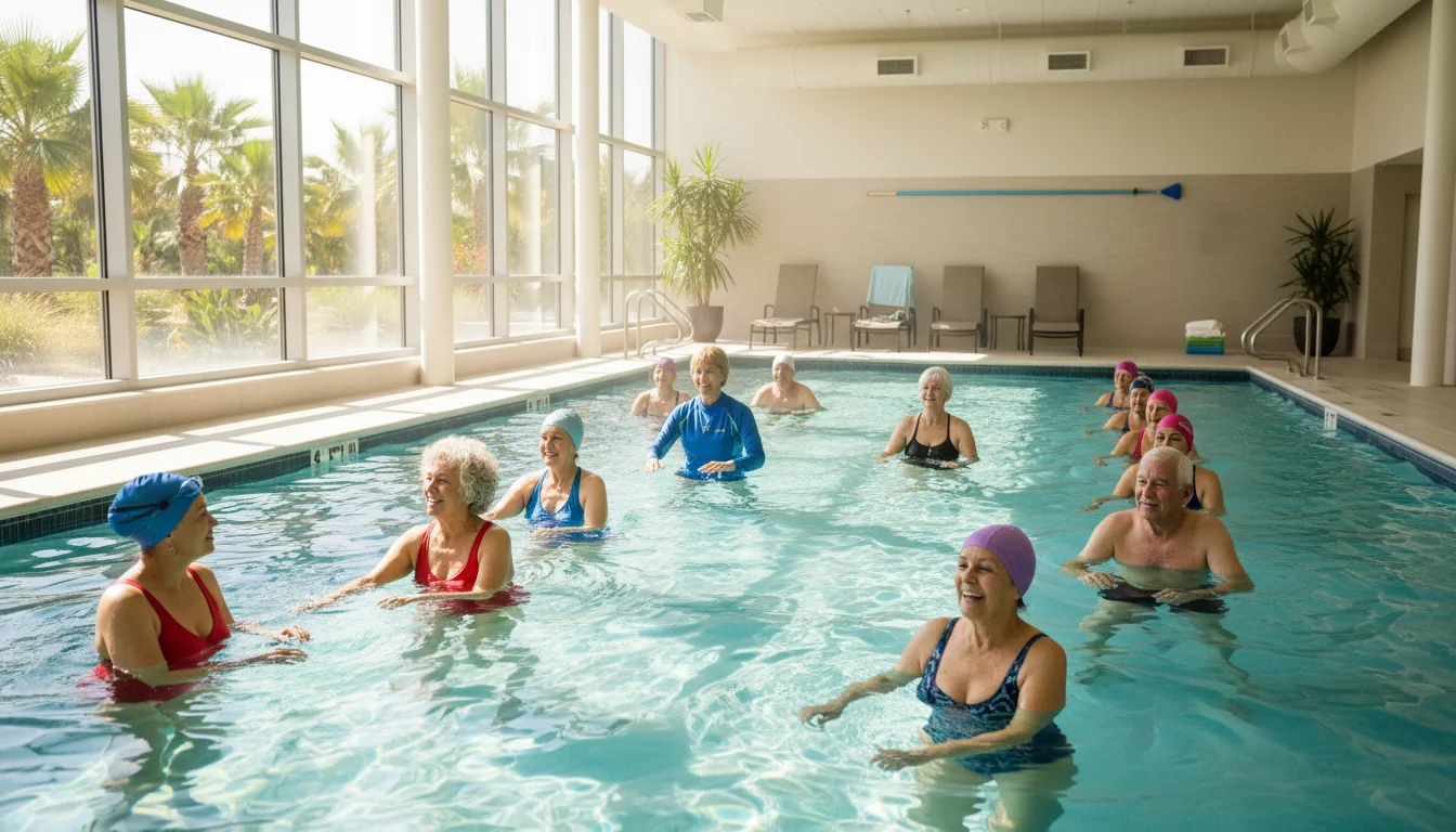 Diverse older adults participate in a water aerobics class inside a modern, sunlit indoor heated pool with an instructor.
