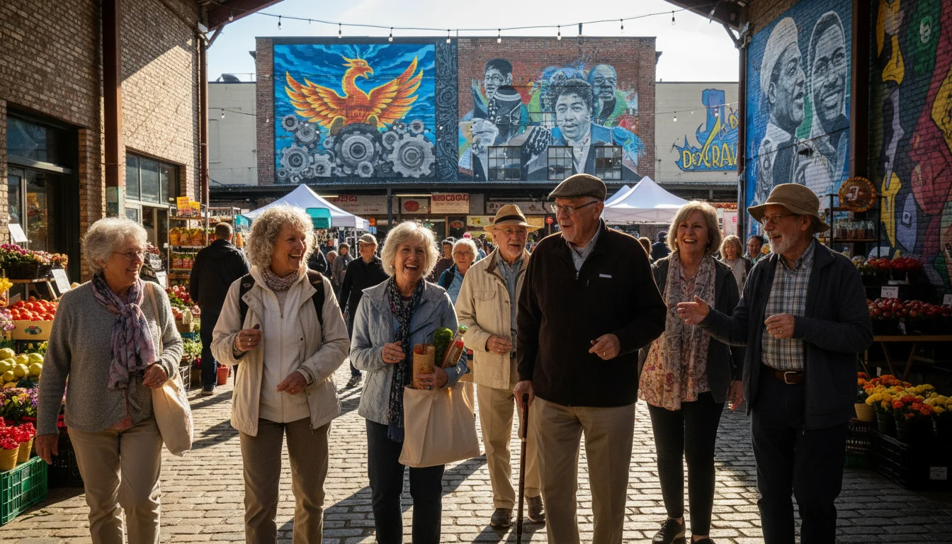 Diverse older adults (65-80s) walking through Detroit's vibrant Eastern Market, admiring colorful murals on brick buildings.