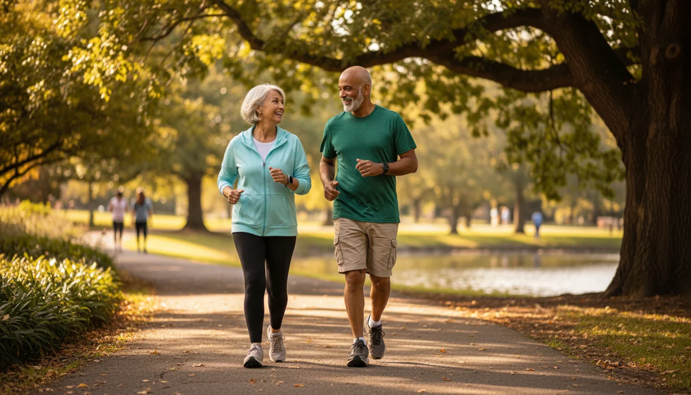 A diverse older couple in activewear walking briskly and smiling on a sunny park path.