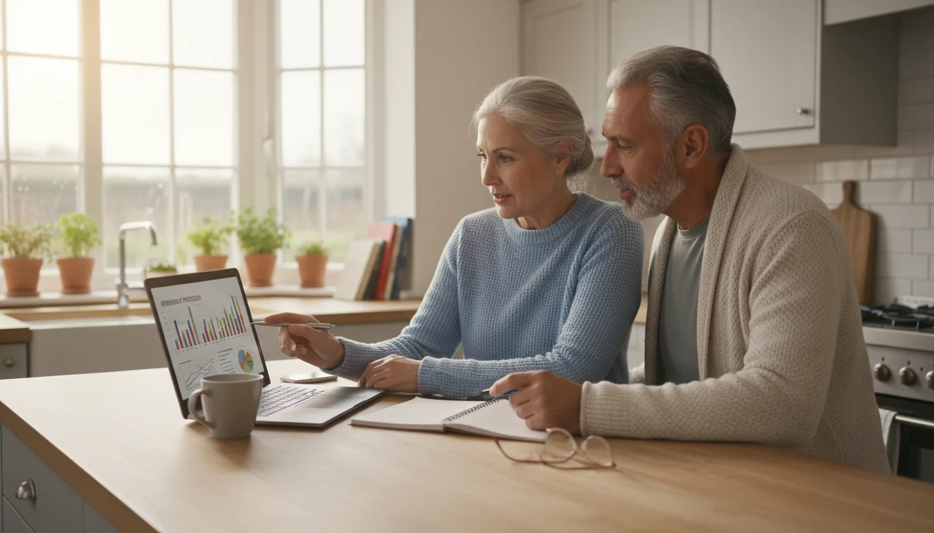 A diverse older couple intently discussing finances, looking at a laptop screen at a kitchen island, one pointing, one taking notes.