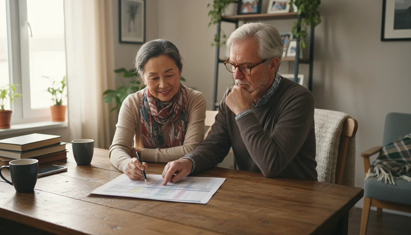 A diverse older couple intently reviews financial documents and a tablet at their dining table, discussing future plans. A world map is in the backgro