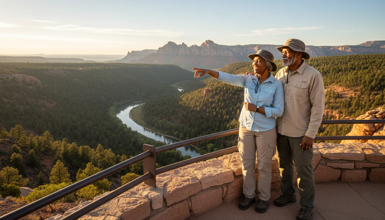 A diverse older couple, late 60s, stand at a national park overlook. The woman points at a canyon as the man embraces her.