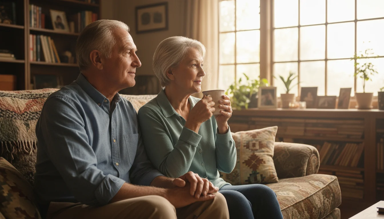 A diverse older couple sits on a sofa in a sunlit living room, holding hands and smiling calmly, looking out a window.