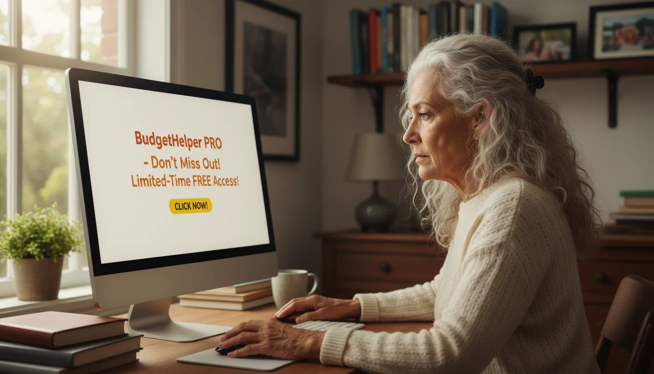 Diverse older woman at a computer desk, looking at a screen with a suspicious budgeting tool pop-up. Her hand is on the mouse, but she is not clicking