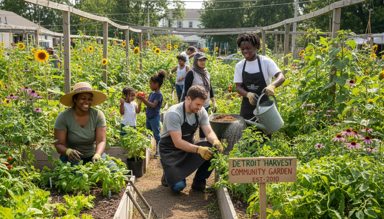 Diverse older and younger adults working together in a vibrant community garden in Detroit, tending plants.