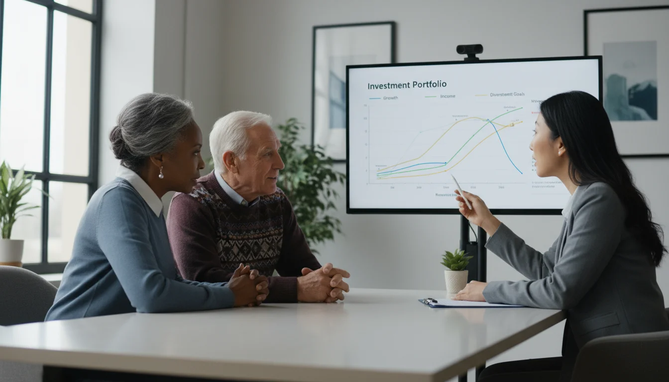 A diverse senior couple and a financial advisor reviewing investment graphs on a wall monitor.