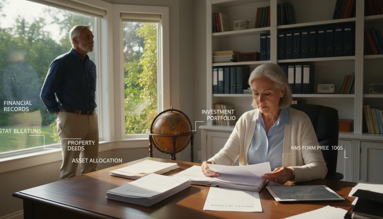 Diverse senior couple in home office. Woman reviews financial papers, tablet shows investment chart. Man looks at garden, contemplating.