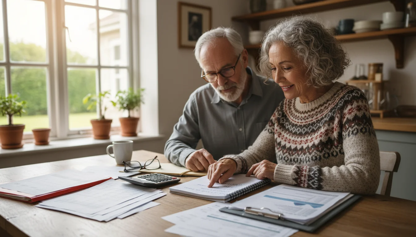 A diverse senior couple reviews financial documents and a notebook with debt payoff strategies at their kitchen table.