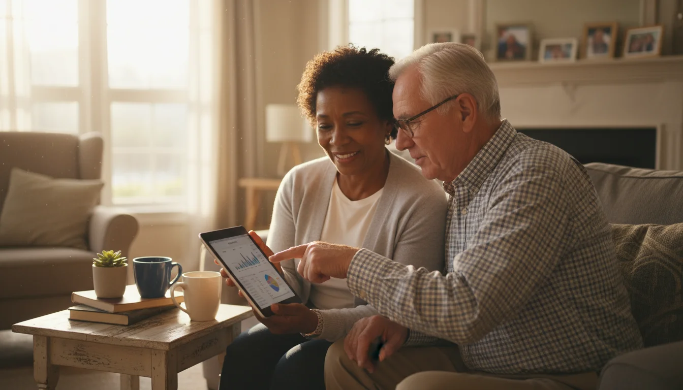 A diverse senior couple, smiling softly, look at a tablet together in a sunlit living room. The man points to the screen.
