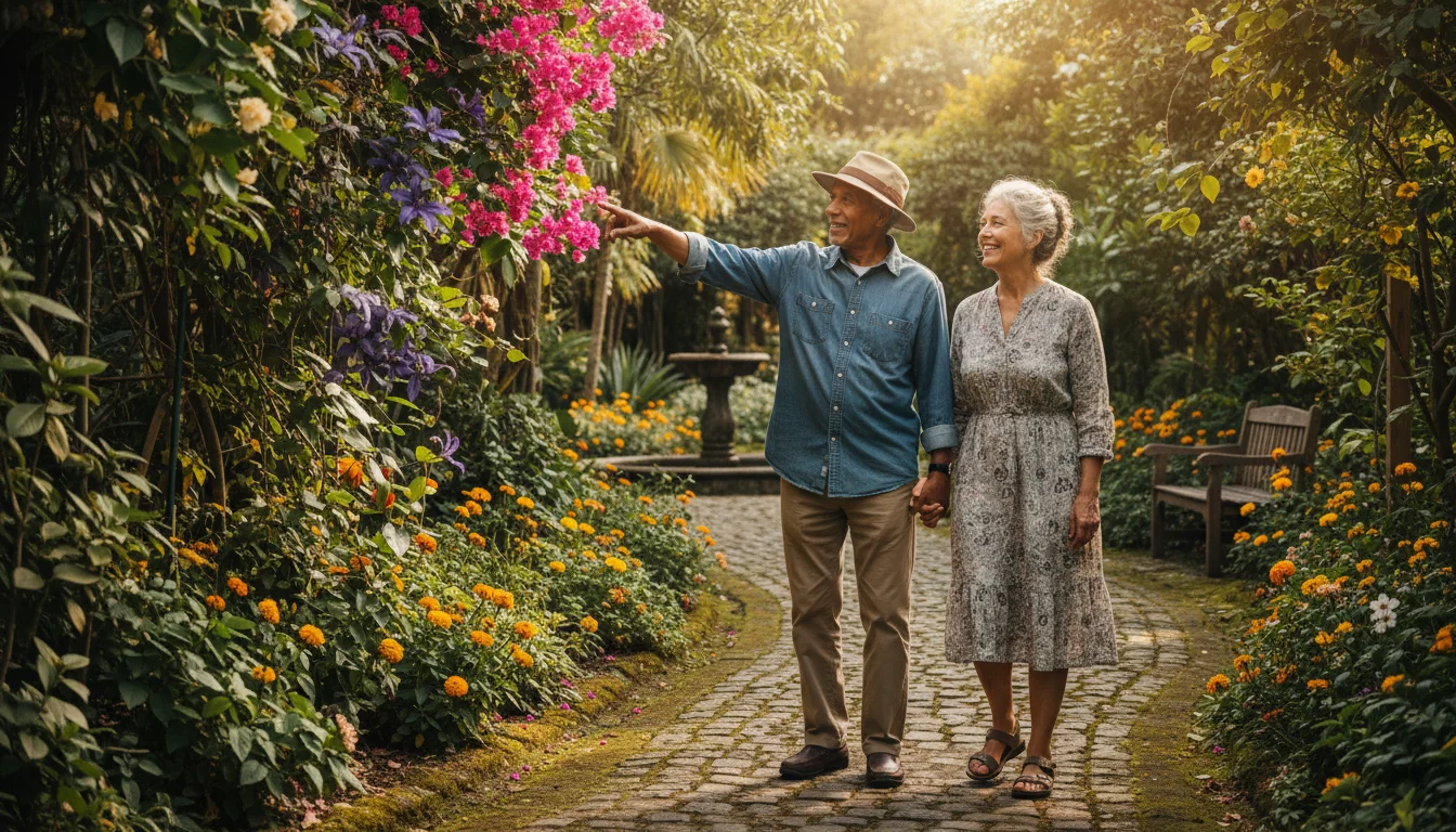 A diverse senior couple in their early 70s walking hand-in-hand down a garden path, admiring flowers.