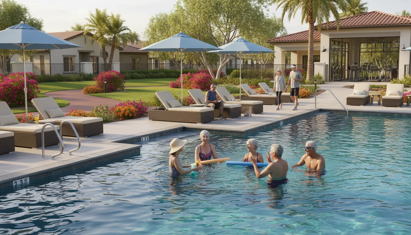 Diverse seniors enjoying a lively community pool, some laughing in the water, others relaxing on loungers. A modern clubhouse is visible.