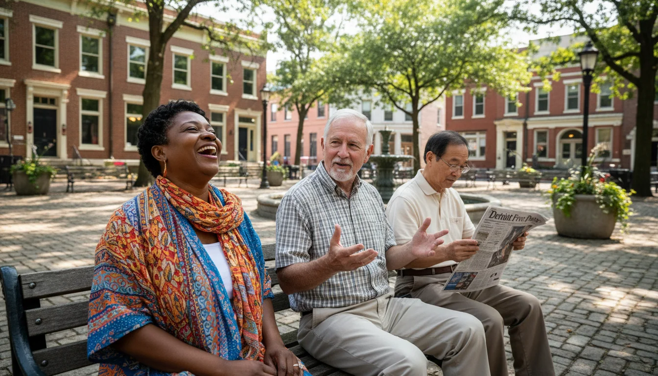 Diverse seniors (65-80s) laughing and reading in a sunny Detroit park square. Historic and modern residential buildings are visible in the background.
