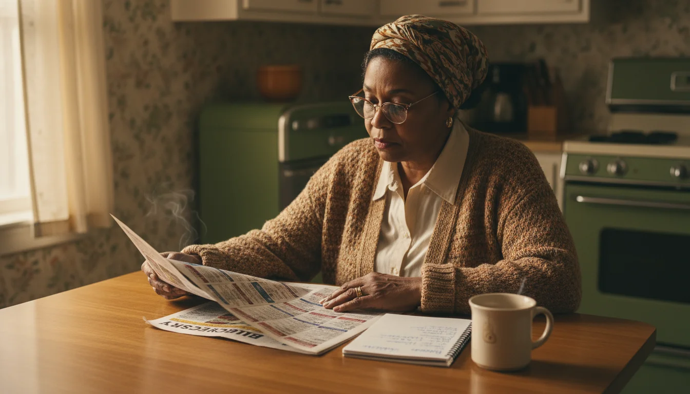 An early-70s African American woman with glasses sits at her kitchen table, reviewing a grocery store flyer and a shopping list.