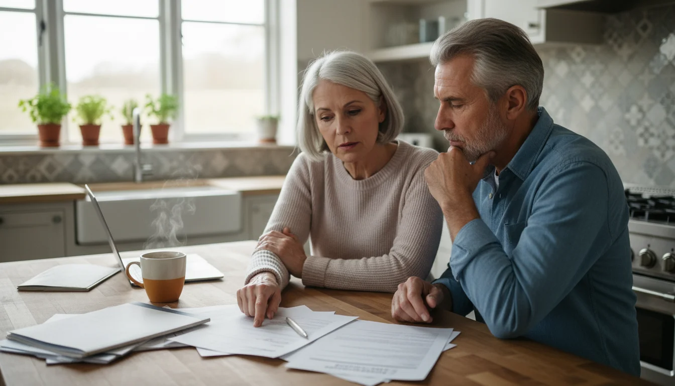 An early 60s couple at a kitchen island, reviewing long-term care insurance documents.