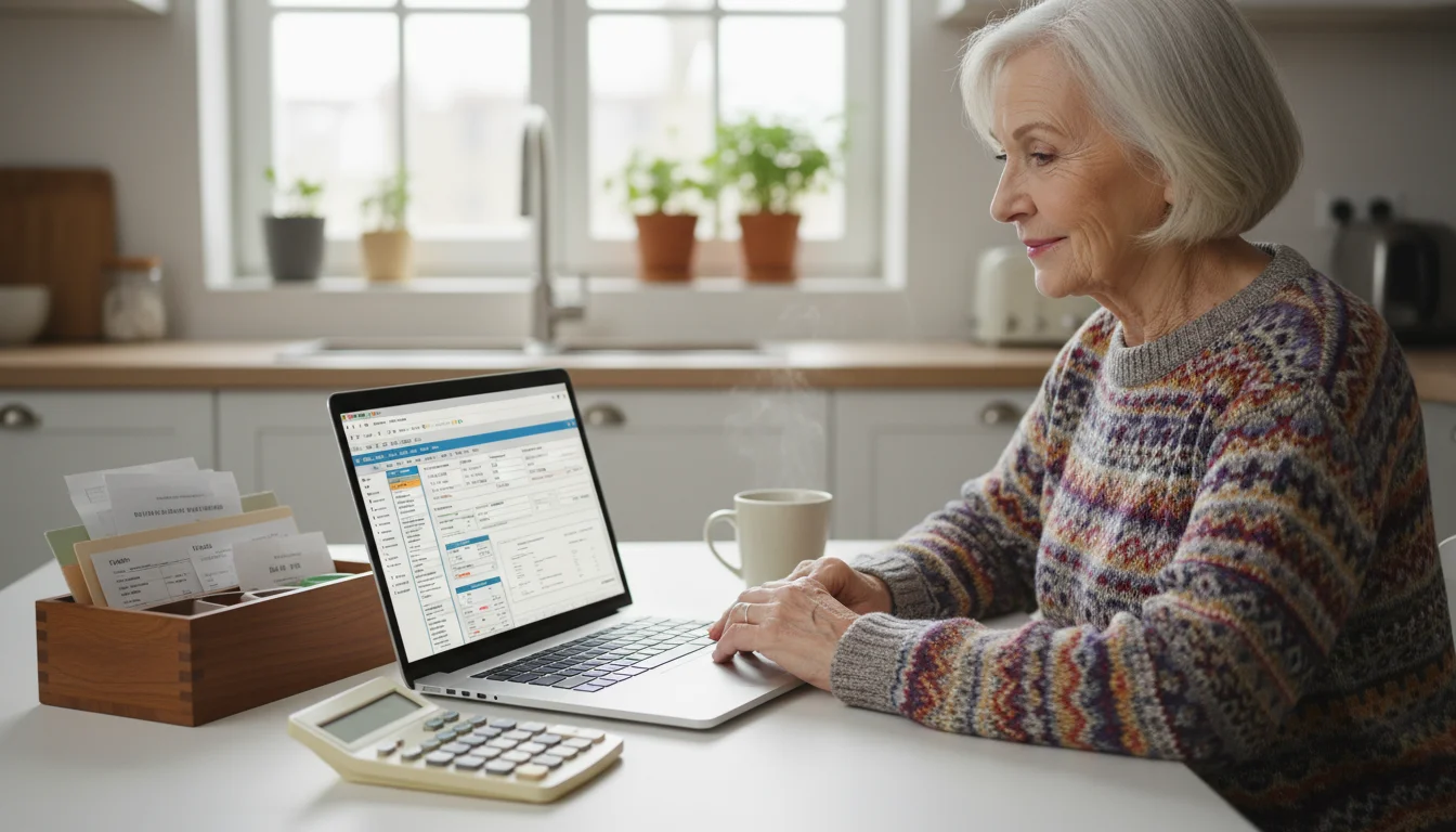 An early 70s senior woman sits at a kitchen table, looking thoughtfully at a laptop screen with tax papers nearby.
