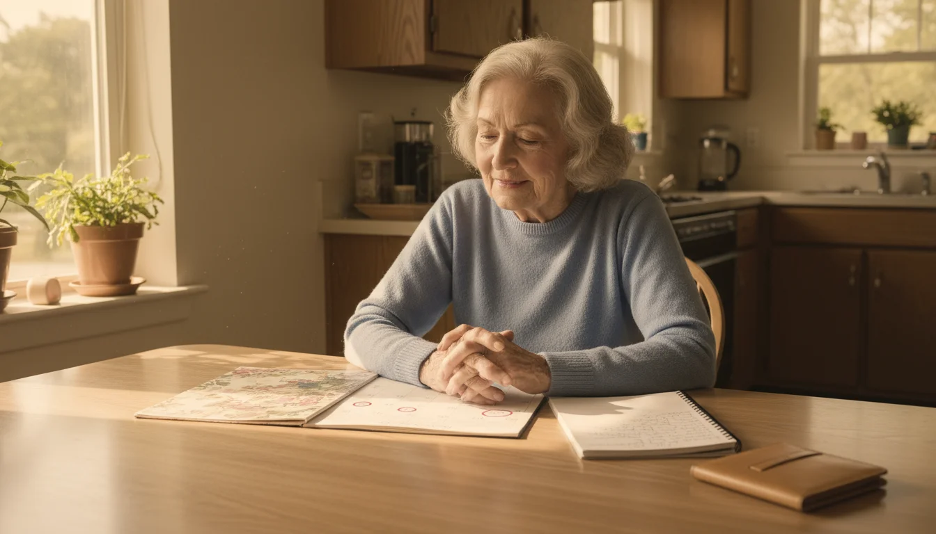 An early 70s woman with silver hair sits at a kitchen table, looking at a calendar. A notebook and checkbook are nearby.