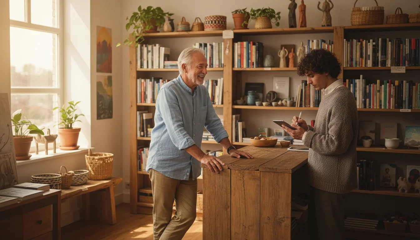 Elderly man, early 70s, smiling and leaning on a wooden counter, talking to a younger adult, late 20s, writing on a tablet in a sunlit shop.