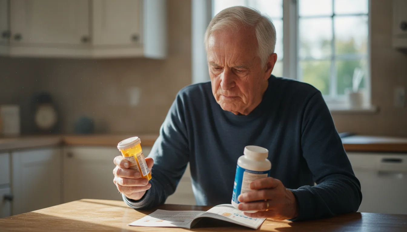 Elderly man's hands carefully comparing a prescription pill bottle and a multivitamin supplement bottle on a kitchen counter, next to an open medical