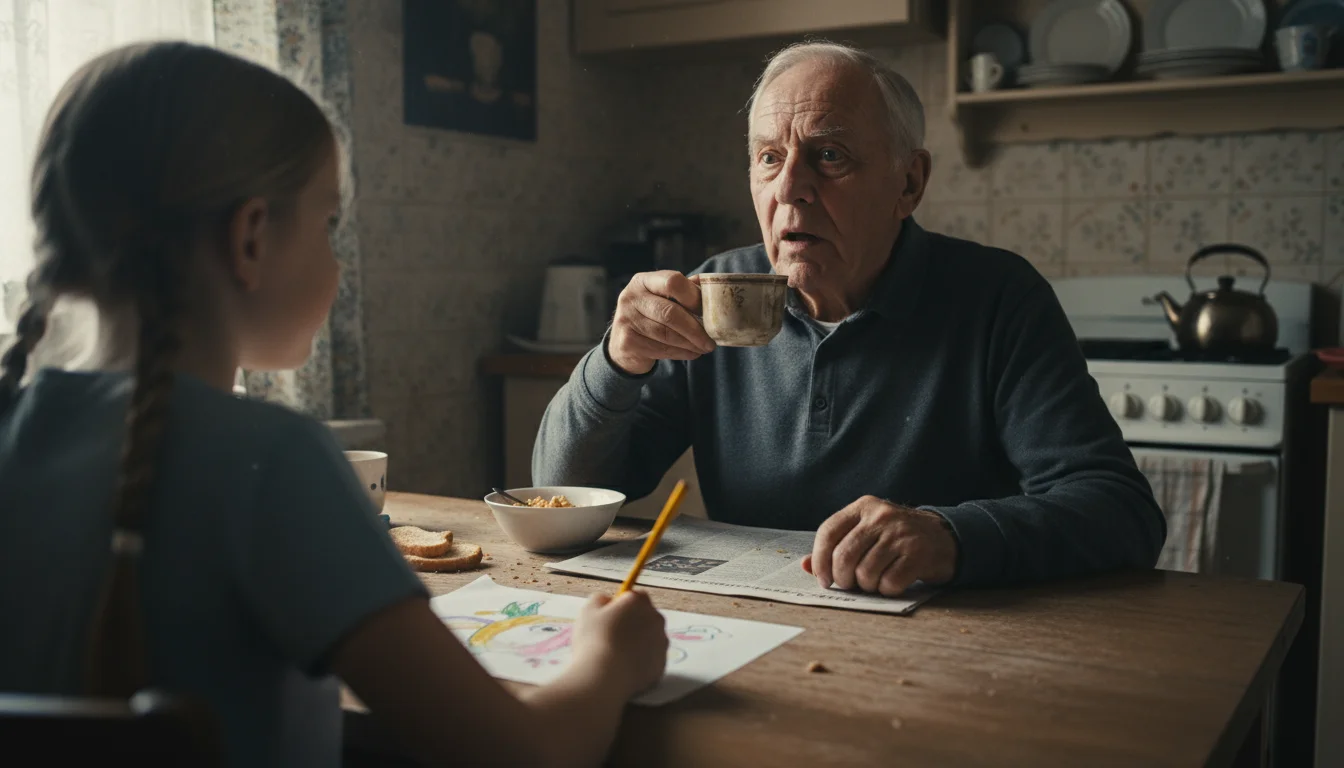 An elderly man at a kitchen table with a surprised, thoughtful expression. Opposite him, a young girl, seen from a slight over-the-shoulder view, hold