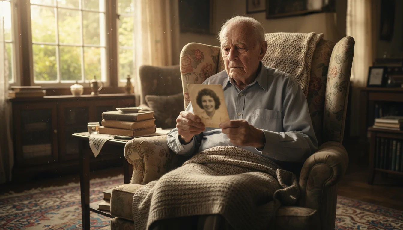 Elderly man, 80s, sits in an armchair by a window, holding a faded photo, looking distant and pensive.