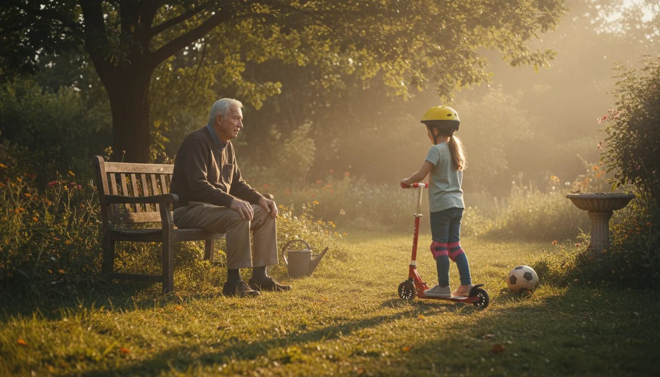 An elderly man sits on a garden bench, looking at his granddaughter, an 8-year-old girl in a bright red jacket, standing on the grass and looking back