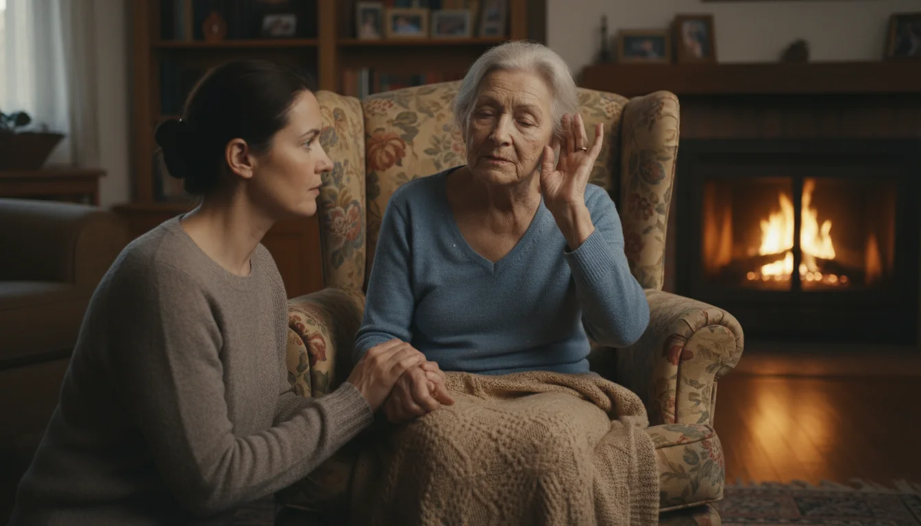 Elderly woman in armchair with hand near ear, while a female caregiver observes her with gentle concern.