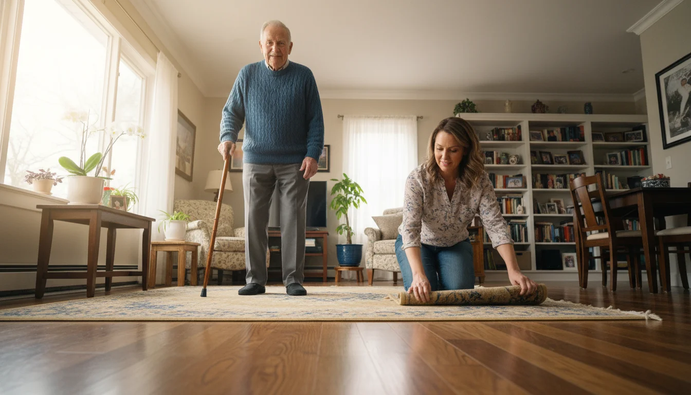 An elderly woman with a cane walks down a clear living room pathway while her adult daughter smooths a rug against the wall.